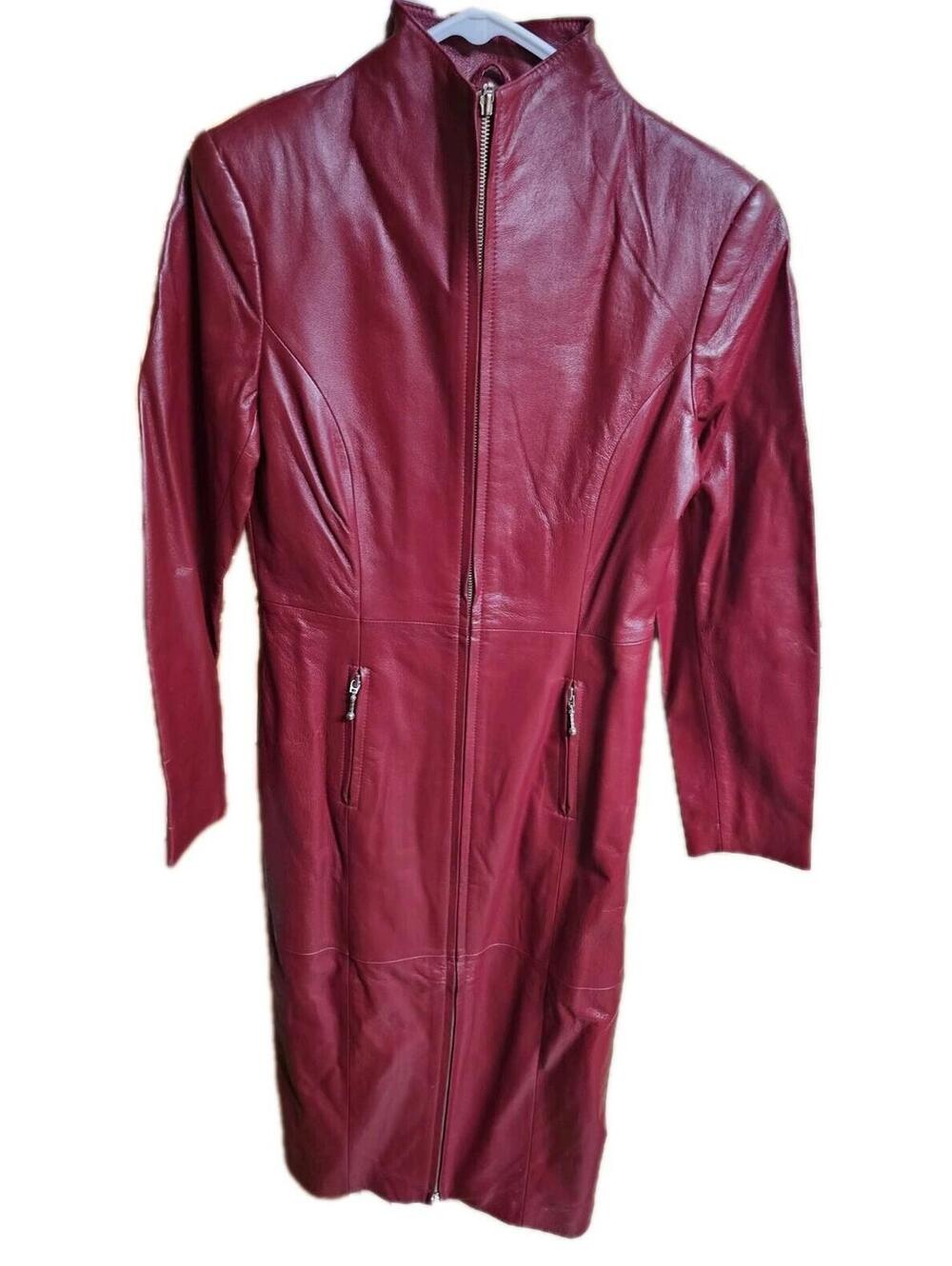 Newport News Genuine Leather Maxi Trench Coat Full Length Red Ladies 8 Burgandy